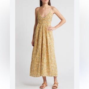 Treasure & Bond Smocked Bodice Strappy Back Cotton Floral Yellow MIDI Dress